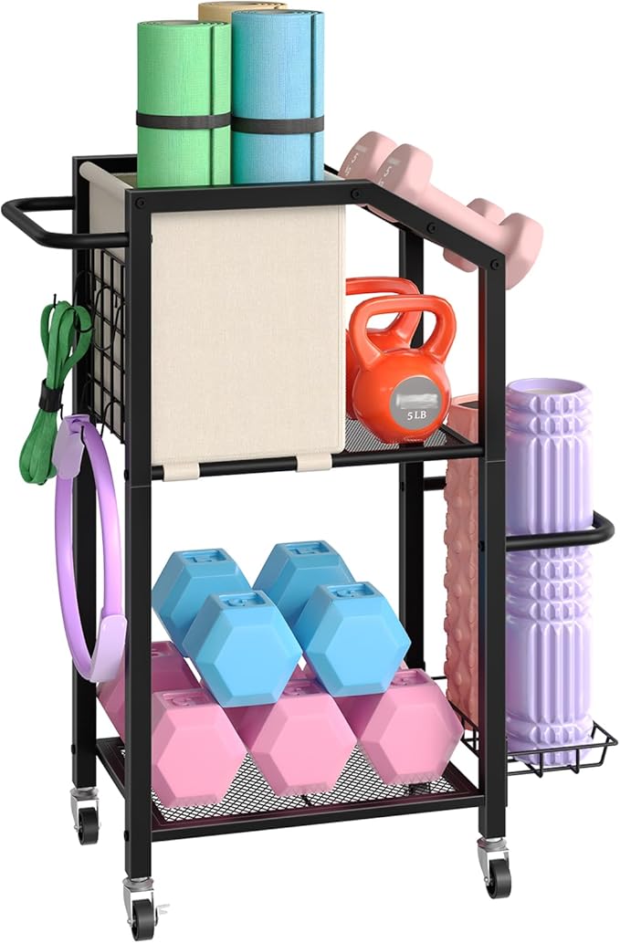 HOOBRO Dumbbell Rack, Weight Rack for Dumbbells, Yoga Mat Storage Rack, Home Gym Storage Rack for Dumbbells Kettlebells Foam Roller, Workout Storage Organizer with Wheels & Hooks, Black BE85CJ01N1