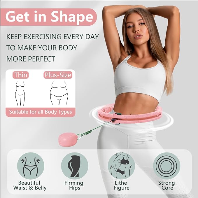 U1 Weighted Hula Hoop 30 Knots 19"-61" for Adults with Waist Trimmer Belt & Durable Wash Bag Bundle– Fitness Hoop for Exercise, Workout, Slimming & Home Gym, Peach