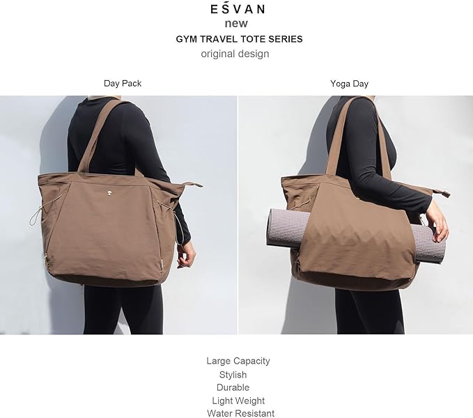 ESVAN Yoga Tote Bag for Women Shoulder Bags Drawstring for Office Workout Travel Carryall Pilates Gym and Beach