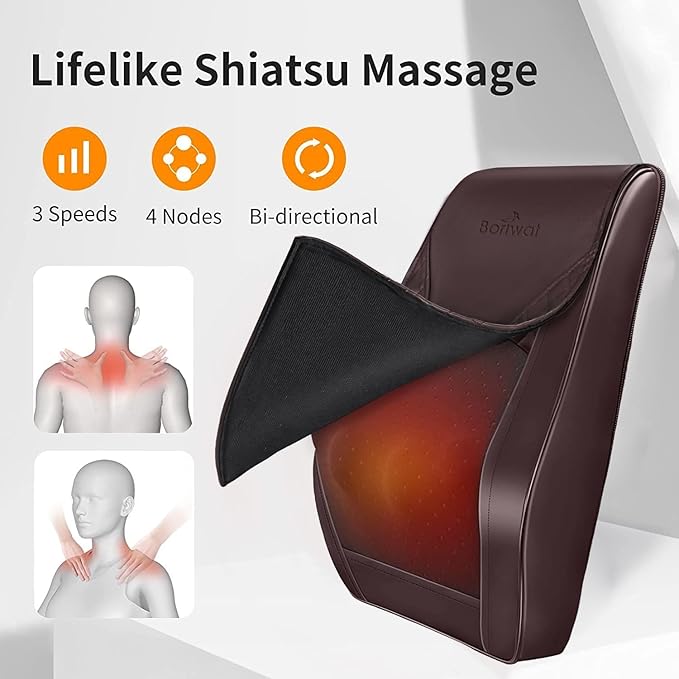 Boriwat Back Massager with Heat, Massagers for Neck and Back, 3D Kneading Massage Pillow for Back, Neck, Shoulder, Leg Pain Relief, Gifts for Men Women Mom Dad, Stress Relax at Home Office and Car