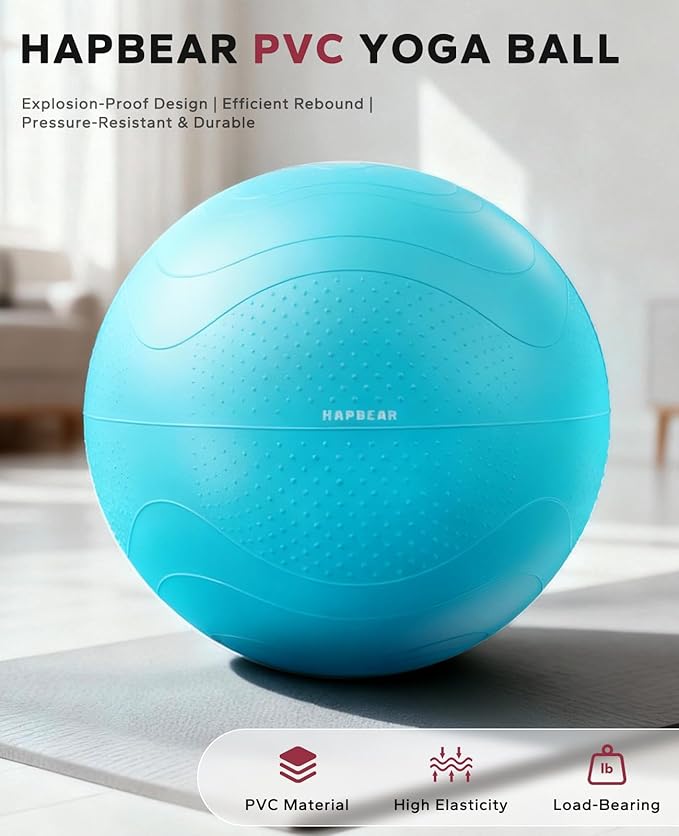 HAPBEAR Exercise Ball (22''/26''/30'') - Anti-Burst Slip-Resistant Yoga/Pilates Ball for Core Training & Posture Improvement, Home Gym/Rehab/Pregnancy Ball, Quick Pump & 3 Resistance Bands Included