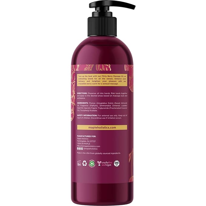 Luxurious Vanilla & Flirty Berry Massage Oil Set - Aromatherapy Full Body Massage Oil for Couples Bundle with Naturally Scented Vegan & Non GMO Ingredients (8 Fl Oz Each)