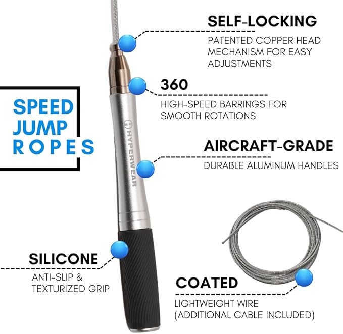 HYPERWEAR Adjustable Speed Jump Rope – Patented Self-Locking Cable System, Aluminum Handles with Knurled Silicone Grip for Cardio, Cross Training & Boxing