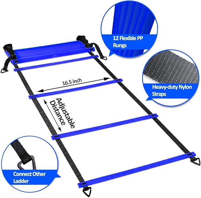 OFYDNR Speed Agility Ladder Training Set, 12 Rung 20Ft Agility Ladder, 12 Disc Cones, 4 Steel Stakes, Resistance Parachute with Carry Bag