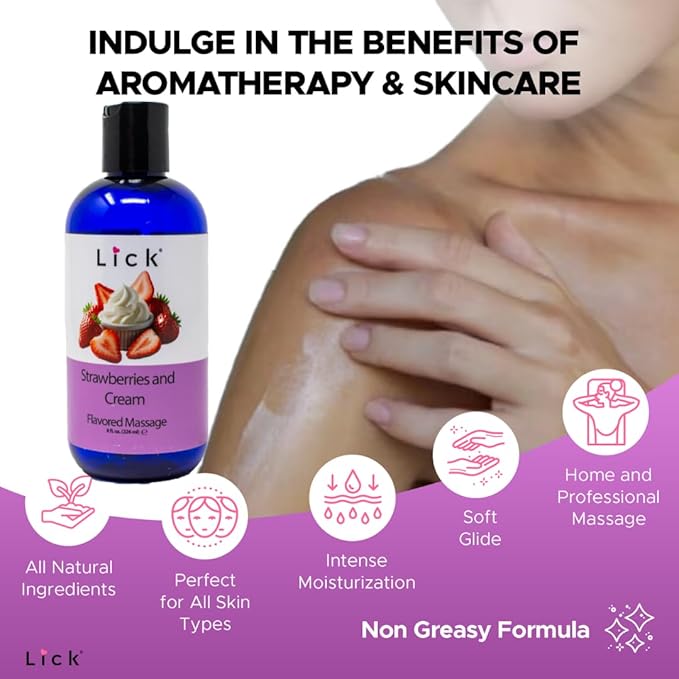 Lick Strawberries and Cream Flavored Massage Oil – 8 oz Edible Body Oil for Couples, Lightweight Formula for Glowing Skin