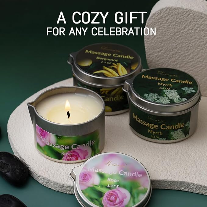 Scented Massage Oil Candle 3 Pack with Essential Oils, Warm Massage Body Oil, Aromatic Relaxing Soybean Low Temp Aromatherapy Candle 6.9OZ (Rose,Myrrh,Bergamot)