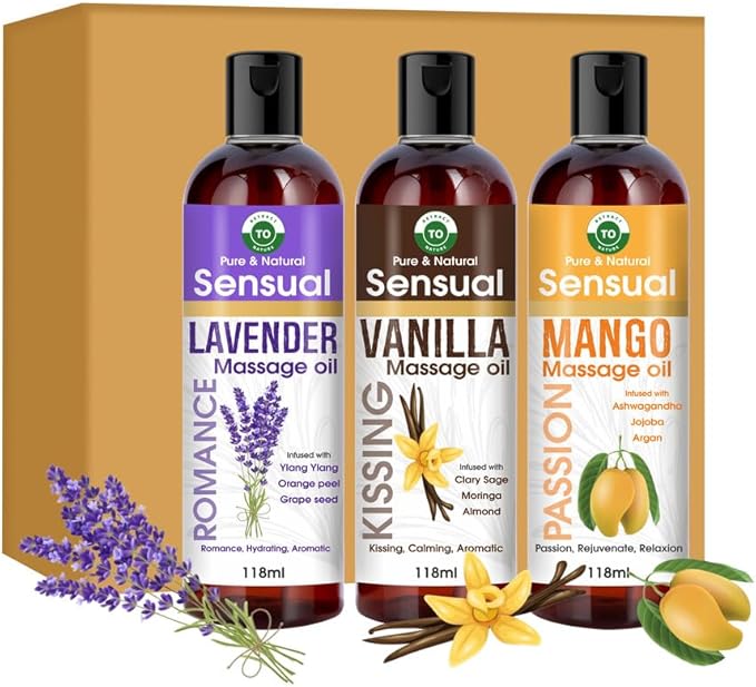 Trio of Sensual Massage Oil, Lavander, Vanilla, & Mango Oil for Day & Night, 3 Pieces with 4 fl oz Each