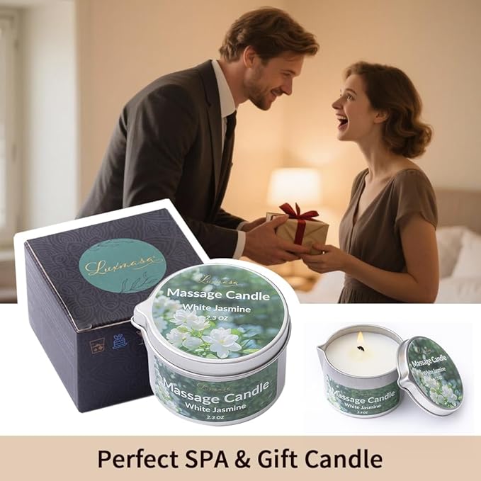 Massage Oil Candle for Body Relaxation and Stress Relief, Low Temp Scented Soy Wax Candle Melt to Silky Oil for Skin Care 2.3 OZ (White Jasmine)
