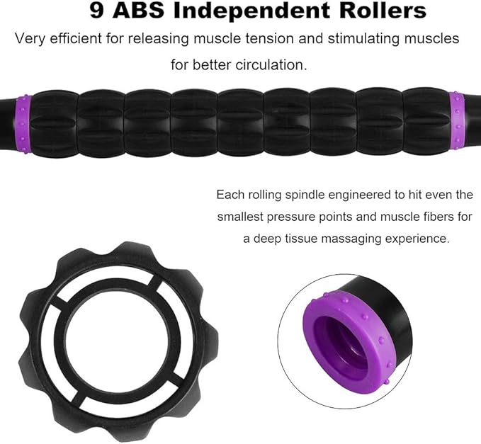 YANSYI 9-Roller Muscle Recovery Massage Stick - Deep Tissue Massager for Post-Workout Recovery & Pain Relief (Purple)