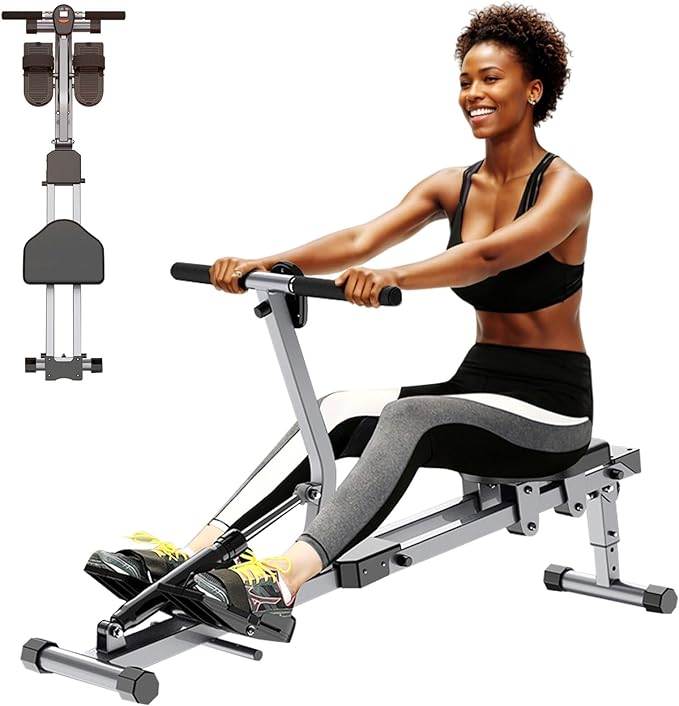 Rowing Machines for Home Foldable,Indoor Fitness Hydraulic Rowing Machine,300LBS Weight Capacity with 12 Levels of Adjustable Resistance,LCD Display for Real-time Recording,Dual Tracks for Quieter