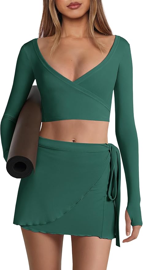 Nirovien Womens 2 Piece Workout Sets Sexy Pilates Outfits Athletic Gym Yoga Sets Ballet Wrap Top and Skirt