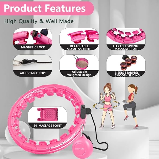 U1 Weighted Hula Hoop 30 Knots 19"-61" for Adults with Waist Trimmer Belt & Durable Wash Bag Bundle– Fitness Hoop for Exercise, Workout, Slimming & Home Gym, Light Pink