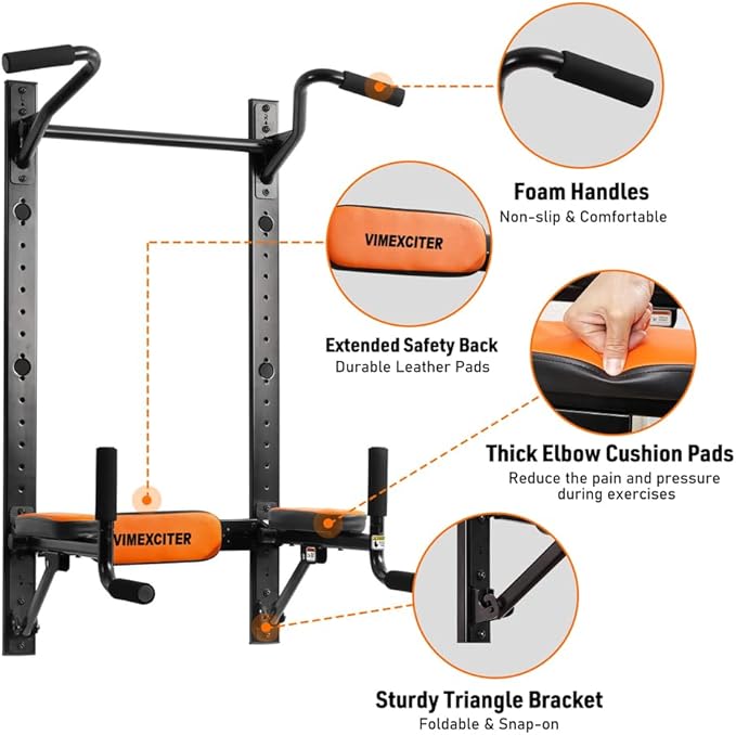 Wall Mounted Foldable Dip Station Pull Up Bar for Home Gym, Multi-Function Fitness Rack, Strength Training Dip Stands, Resistance Band Tube Organizer