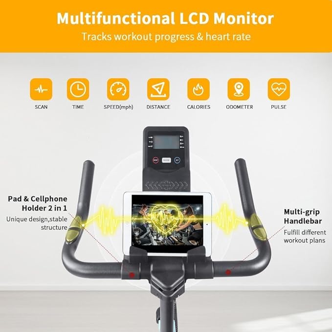 Adjustable Resistance Indoor Exercise Bike with LCD Monitor, Quiet Magnetic Drive, Stable Flywheel, Home Gym Cardio Trainer for Weight Loss and Fitness