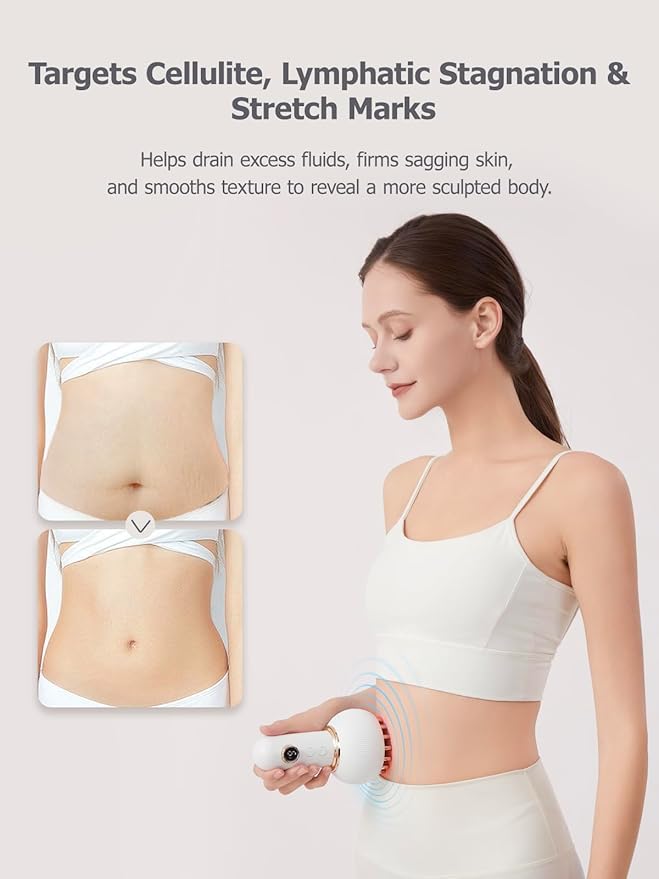 Lymphatic Drainage Massager & Anti Cellulite Massage Tool, Helps Reduce Stretch Marks & Cellulite, for Legs, Arms & Belly, Body Sculpting Machine with Microcurrent, Light, Heat & Vibration (White)
