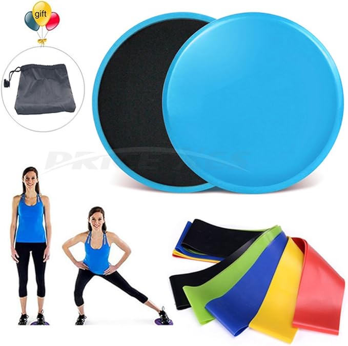Core Exercise Sliders, Dual Sided Gliding Discs & Exercise Resistance Loop Bands & Pounch for Legs Butt Forearm Stretching Physical Therapy Use on Carpet or Hardwood Floors Home Ab Workout