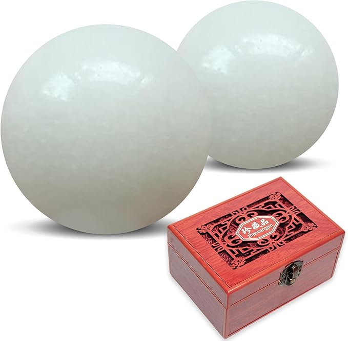 Natural Marble Baoding Chinese Meditation Balls, Stress Relief Hand Exercise Therapy Set with an Upgraded Shockproof Imitation Wood Box, 2-Piece Set,White Small-1.38"