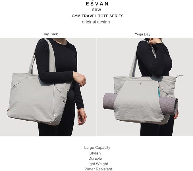 ESVAN Yoga Tote Bag for Women Shoulder Bags Drawstring for Office Workout Travel Carryall Pilates Gym and Beach