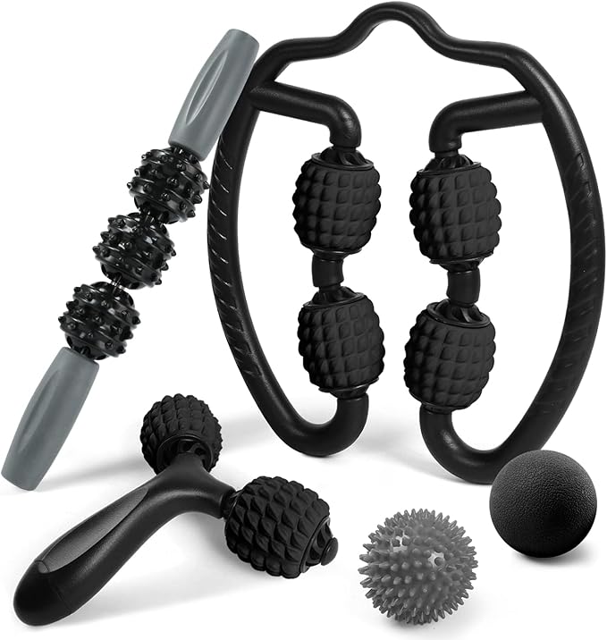 Odoland Massage Set - 360 Trigger Point, Muscle Roller Stick, Y Shaped Handheld, 2 Massage Balls for Legs, Arms - Myofascial & Deep Tissue Pain Relief - Black