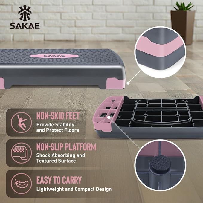 SAKAE Step Aerobics Platform Set with Dumbbells & Measuring Tape, Aerobic Steppers for Exercise at Home, Adjustable Height 2 Level Risers Workout Step Trainer with Non-Slip Surface, Multiple Colors