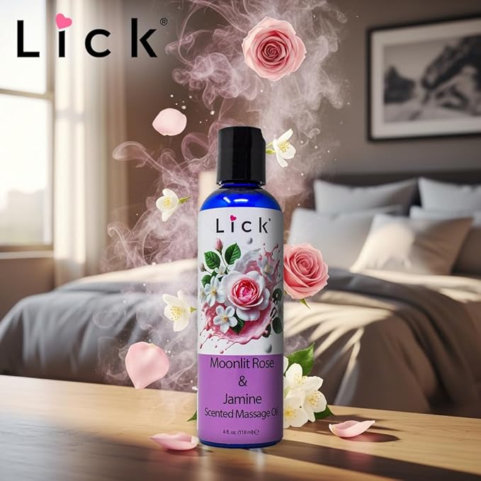 Lick Rose and Jasmine Massage Oil – Elegant Floral Massage Oil with Sweet Almond Oil & Vitamin E, Relaxing Aromatherapy Glide for Couples Massage, 4 oz