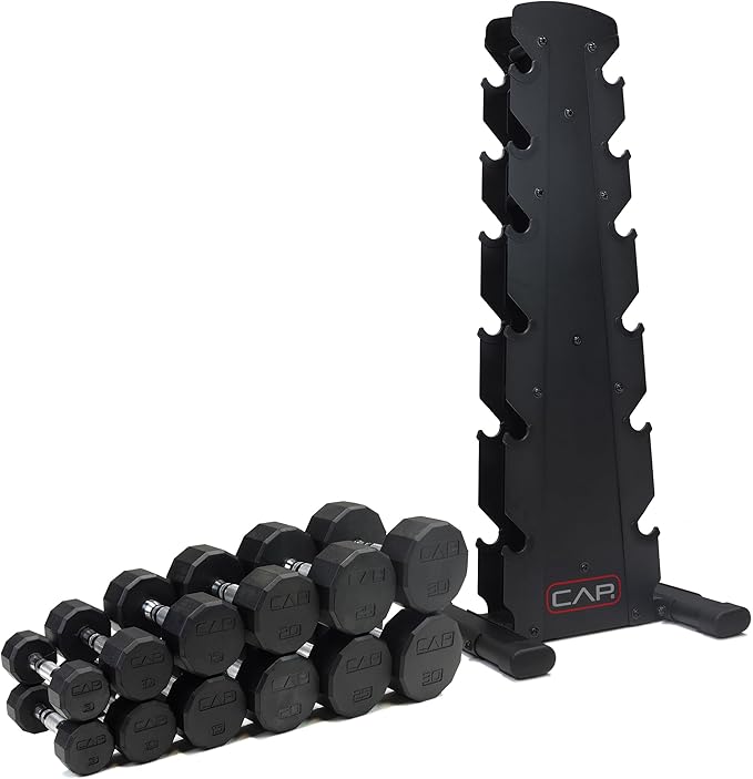 CAP Barbell Rubber Coated Dumbbell Weight Set with Vertical Rack | 100 lb, 150 lb, and 210 lb Options