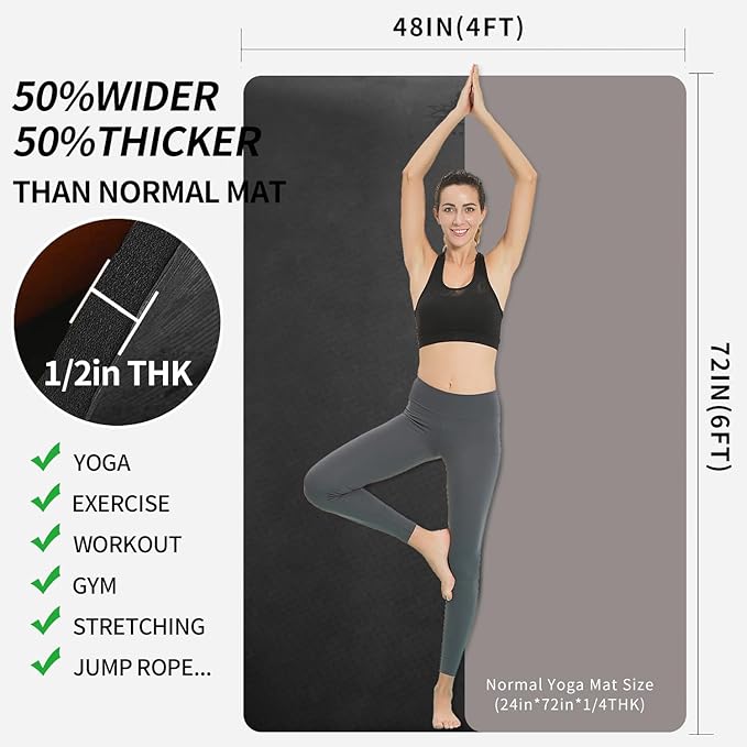 Hatha Yoga Large TPE Yoga Mat 6'x4'x1/2" Extra Thick Non-Slip Exercise Mat - for Yoga Pilates & Home Gym Workouts