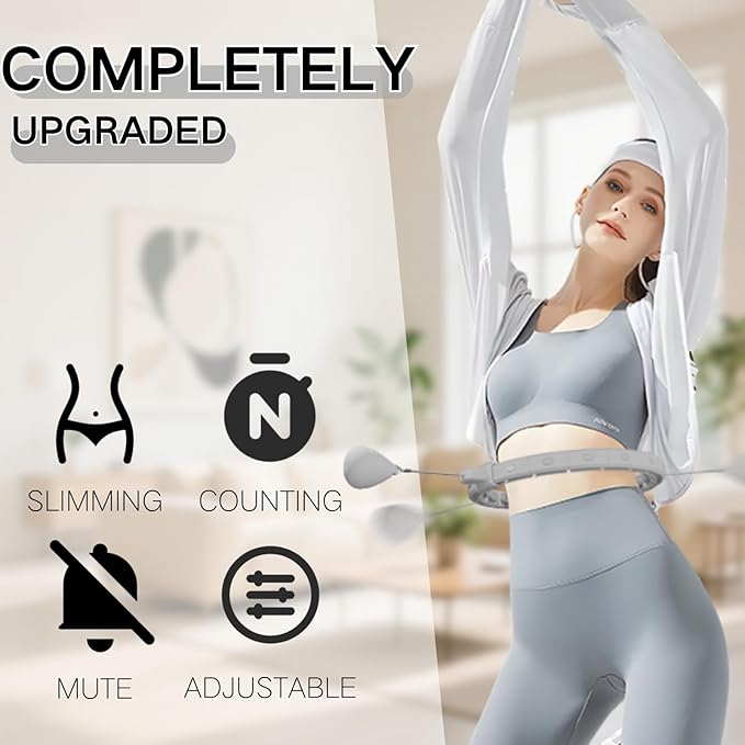 Smart Silent Weighted Exercise Infinity Hoop - Patent Pending (80% Quieter + Auto Count), Adjustable 30"-50" Fitness Hoop for Adults, Core Ab Workout with Infinity Hoop Circle for Women & Men (Grey)