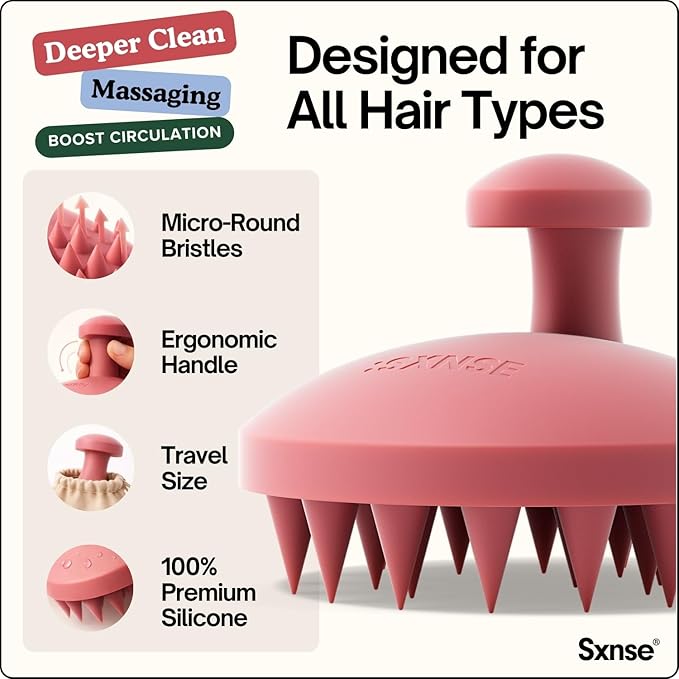 SXNSE - Revive Silicone Scalp Massager, Cherry - Manual Hair & Scalp Scrubber for Dandruff, Buildup, Itch, & Hair Growth - Soft Exfoliating Silicone Bristles for Wet & Dry Hair, Flake-Free Finish
