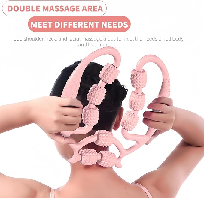 Full Body Massage Tool with 9 Rollers, Pink Manual Massager for Neck, Shoulder, Back, Arms, Legs, 25cm Length, Double Massage Area Design