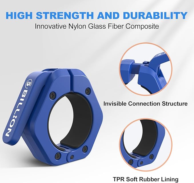 Olympic Barbell Clamps 2 inch Barbell Clips (Pair) Barbell Collars for Secure Weightlifting Quick Release Weight Clips for Bars with Anti-Slip TPR Lining at Home or Gym Clips (Blue)