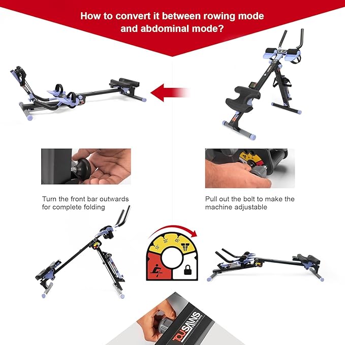 Tousains 3 in 1 Foldable Rowing Machine, AB Machine with 3 Level Angle & Led Monitor, Multi-Functional Rower Fitness Equipment Home Gym Full Body Fitness Machine