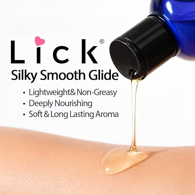 Lick Strawberry Flavored Massage Oil with Natural Vitamin E - Aromatherapy & Moisturizing Body Oil for Relaxing Muscle Massage - Essential Non-Sticky Skin Therapy for Men and Women - 4 oz