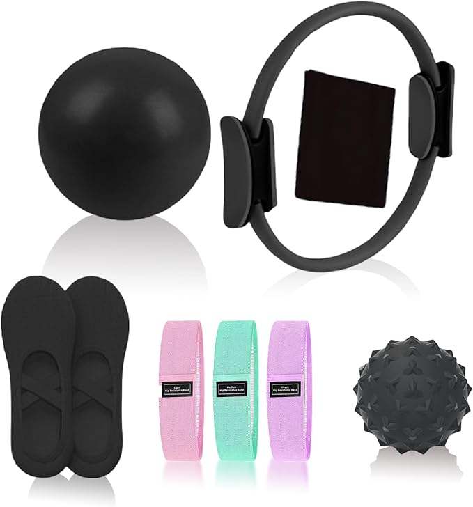 Pilates Essentials Kit for Women, Pilates Equipment, for Home Workouts with Ring and Ball Set, 3pcs Booty Bands, Yoga Bands for Stretching, Fascia Ball, Yoga Socks
