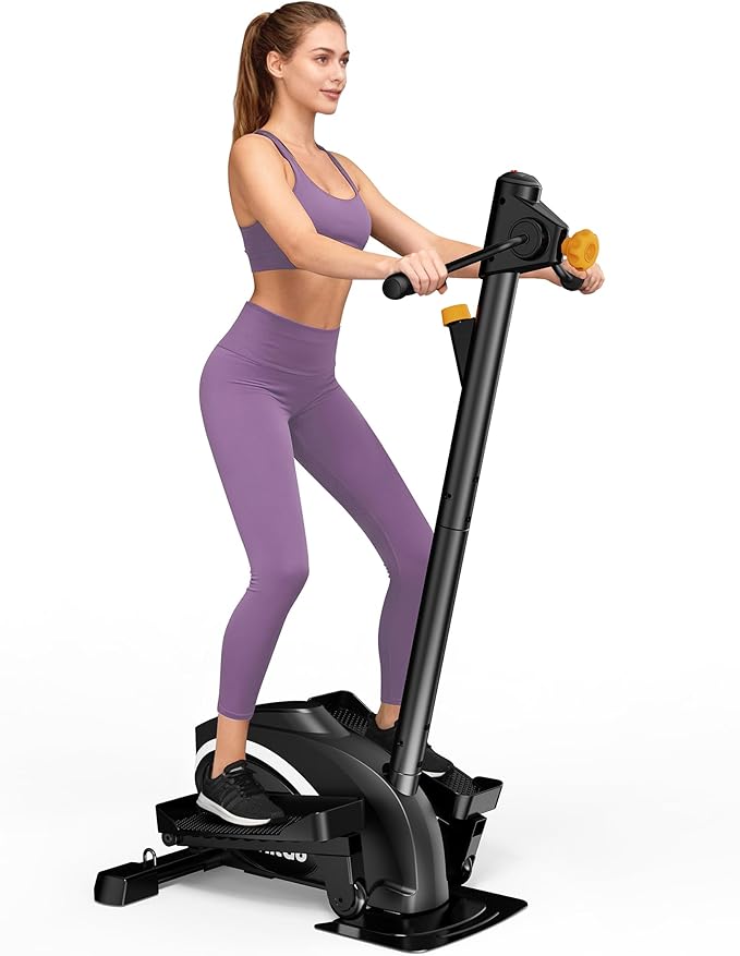 Mini Elliptical, 3-in-1 Elliptical Machine with Handlebars & Resistance Bands, Adjustable Magnetic Resistance & LCD Display, Portable Step Machine Peddler Exerciser for Senior Home Workout