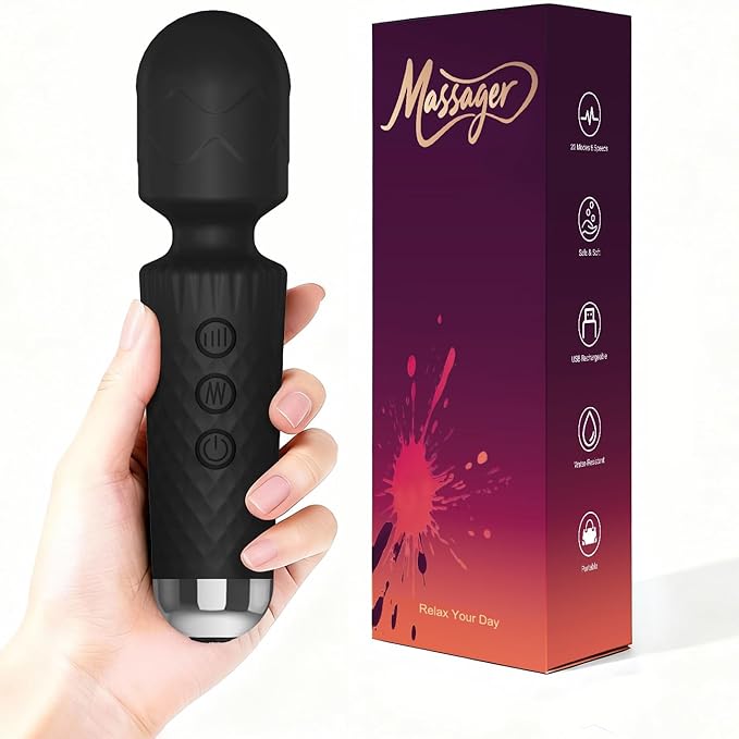 Upgraded Handheld Rose Black Mini Massager Tool Device, Premium Silicone Relaxation Massager Rechargeable to Relieve Whole Body Muscle Tension, 20 Modes 8 Speeds