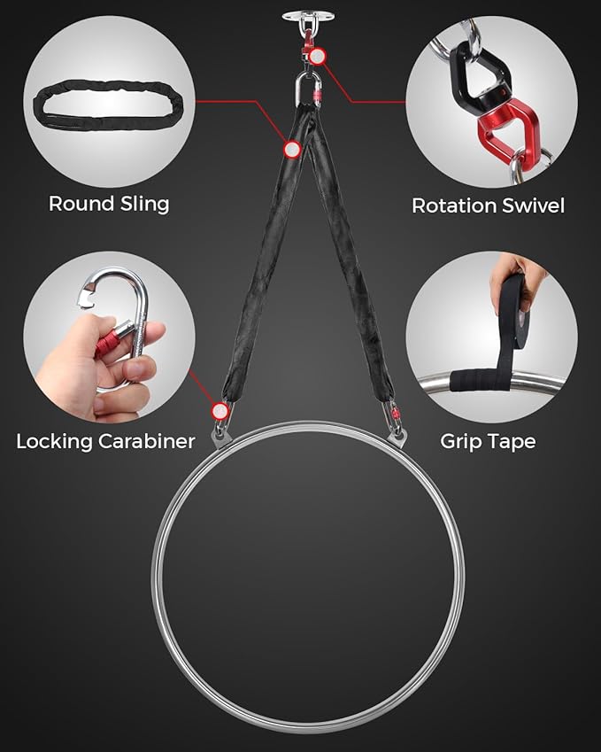 DASKING Professional Double-Ear Aerial Hoop Kit - 80/85/90cm x 32mm Lyra, 2-Ton Safety System & Anti-Slip Grip Stainless Steel