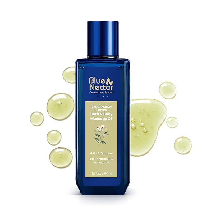 Blue Nectar Sensuous Jasmine Body Massage Oil for Relaxing Massage Therapy with Essential Oils | 100% Natural Ingredients (8 Herbs,3.4 fl oz)