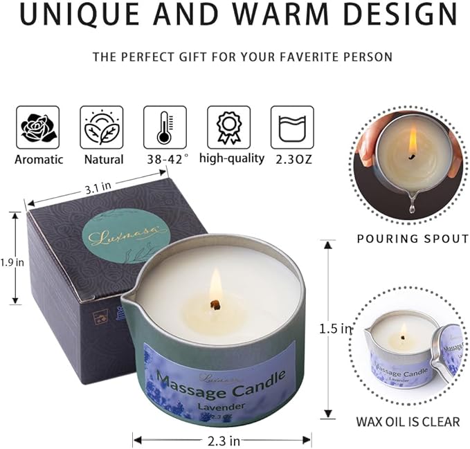 Massage Candle Natural Soybean Wax for Skin Moisturizing, Coconut Oil Jojoba Oil Based Scented Low Temp Candle Gift 2.3 OZ (Lavender)