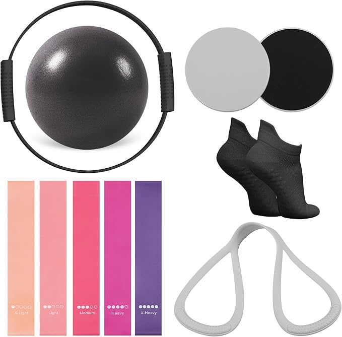 13 PCS Pilates Equipment Kit for Women,Pilates Ring and Ball Set with Resistance Bands,Core Sliders, Socks, Bag & Guide for Starter Home Workout Fitness Gym Essentials