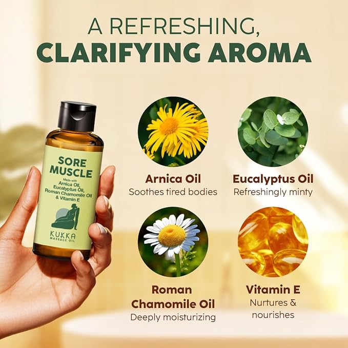 Kukka Sore Muscle Massage Oil for Professional Massages - 3.4 Fl Oz - Made with Eucalyptus & Roman Chamomile, Relaxing Body & Face Oil for Sore Muscles, Spa & Yoga, Fast-Absorbing