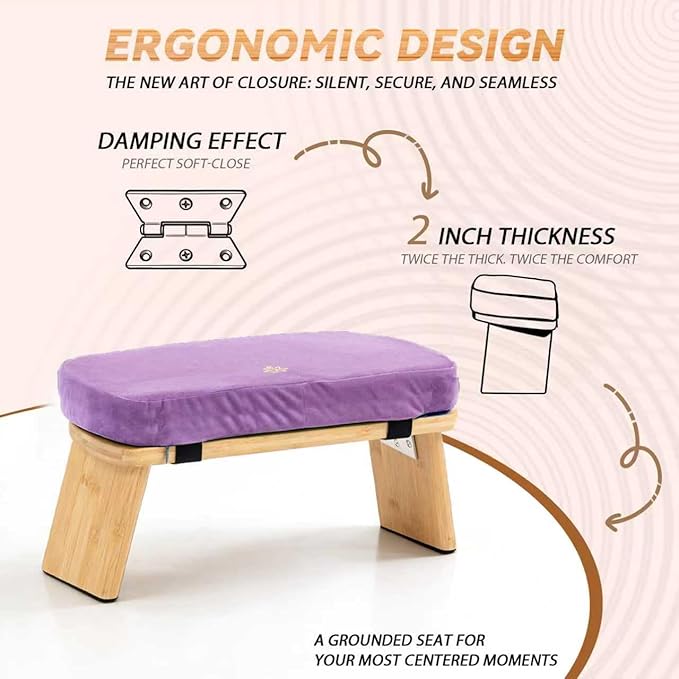 Meditation Bench, Bamboo Meditation Stool, Folding Kneeling Meditation Bench, Seiza Prayer Bench, Prayer Bench with Meditation Cushion, Kneeling Stool(Purple-Bag)