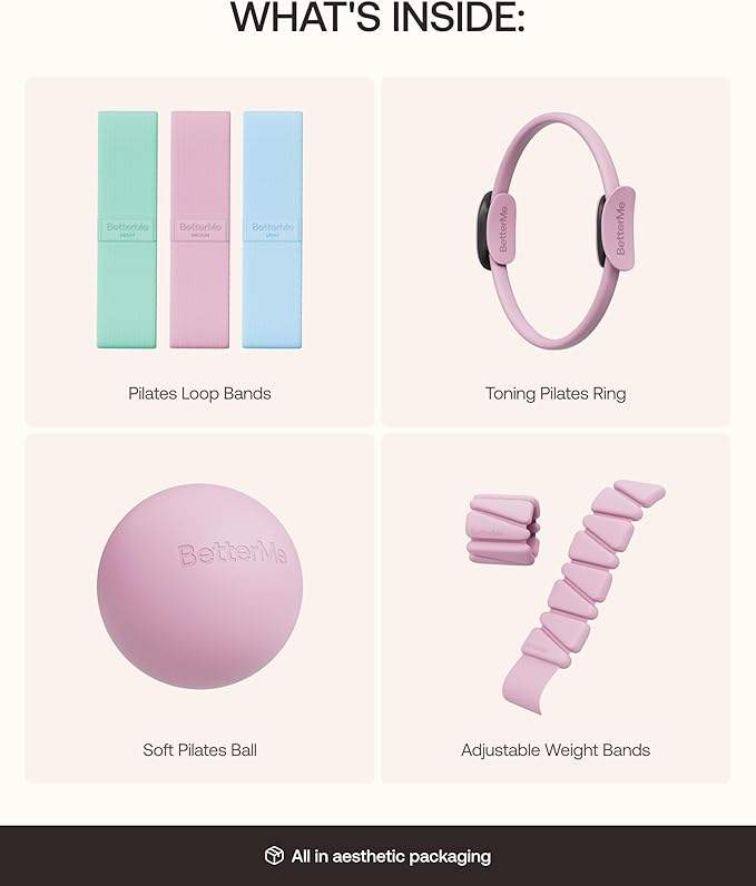 BetterMe Bubble Butt Kit – Pilates Ring, Weight Bands, Soft Ball & Loop Bands – Glute Training Pilates Kit for Women – Home Workout Pilates Equipment Set