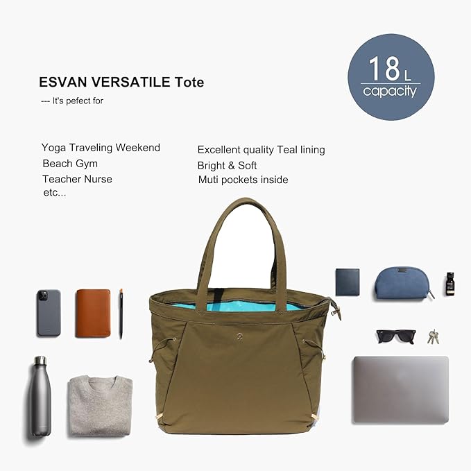 ESVAN Yoga Tote Bag for Women Shoulder Bags Drawstring for Office Workout Travel Carryall Pilates Gym and Beach