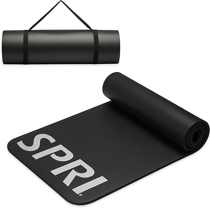 SPRI 12mm Pro Fitness Matt - Thick Exercise Mat for Floor Workouts, Sit-Ups, Push-Ups, Stretching, Toning, and General Fitness - Non-Slip Texture, Cushioned, Portable Rolling Mat with Carrying Strap
