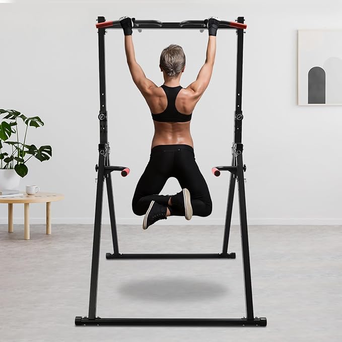 Power Tower Pull Up Bar Station Multi-Function Adjustable Height Foldable Dip Station for Home Gym Workout Heavy Duty Strength Training Fitness Equipment Stable Triangular Structure 440 LBS