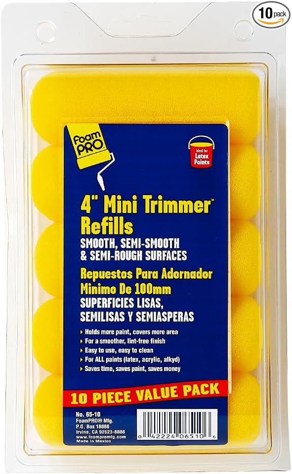 FoamPRO 65-10 Mini Trimmer Refill - 4-Inch Paint Rollers for Precision Painting- with 3/8 in Nap - Pack of 10, Yellow