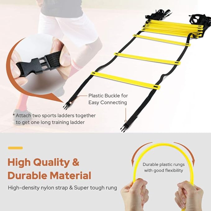 GHB Pro Agility Ladder 2 Pack Agility Training Ladder Speed 12 Rung 20ft with Carrying Bag (Yellow and Blue)