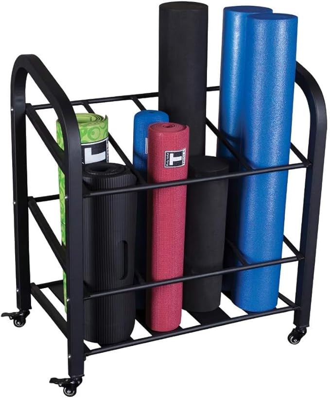 Body-Solid (GYR500 Foam Roller Storage Organizer and Yoga Mat Rack Holder with Lockable Wheels, Commercial and Home Gym Accessories Can Hold 12 Fitness Rollers and Mats