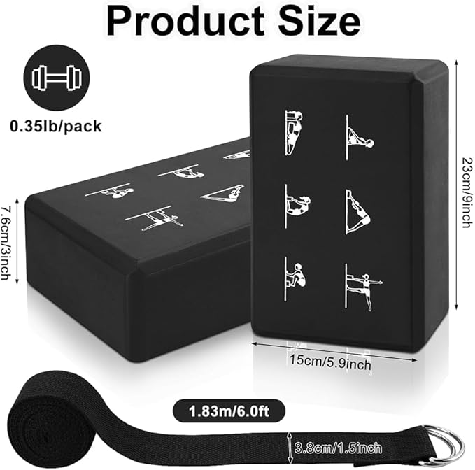 2 Yoga Block and 2 Yoga Strap Set,Non-slip EVA Foam Blocks, High Density Yoga Bricks with 6ft Strap, Supportive Latex-Free Yoga Block Accessories for Pilates